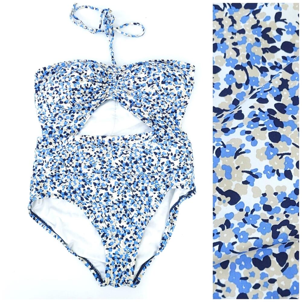 MICHAEL Michael Kors One Piece Swimsuit Monokini Size 10 Blue Tan Floral Ditzy